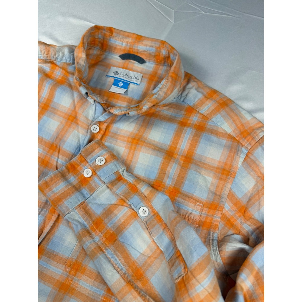 Columbia Mens Orange Blue Plaid Long Sleeve Button Down Shirt Large Outdoor
